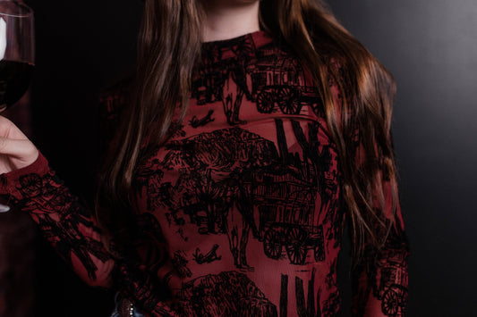 Old West Printed Mesh Top Maroon
