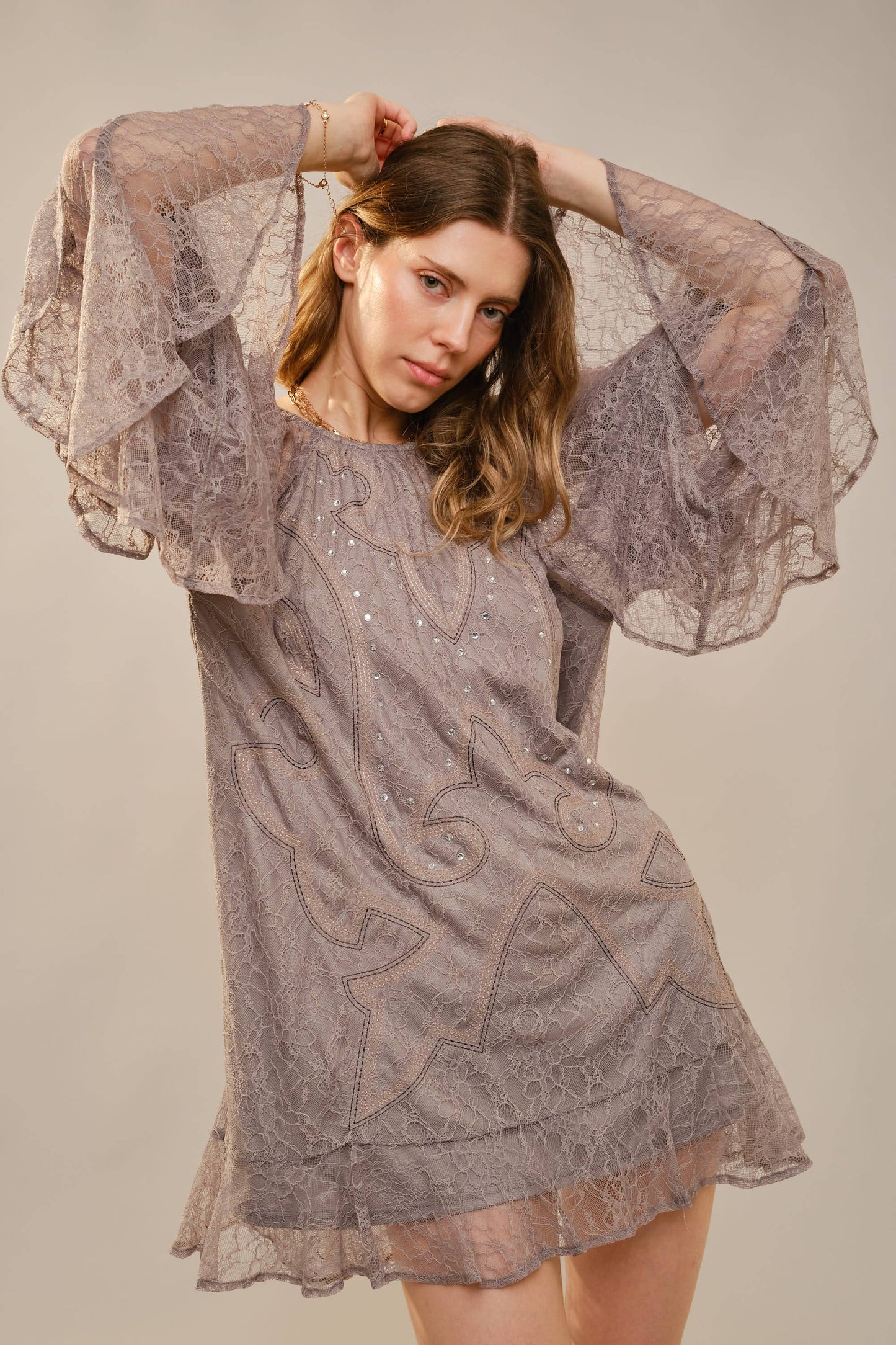 Round Neck Western Embroidery Ruffle Sleeve Dress