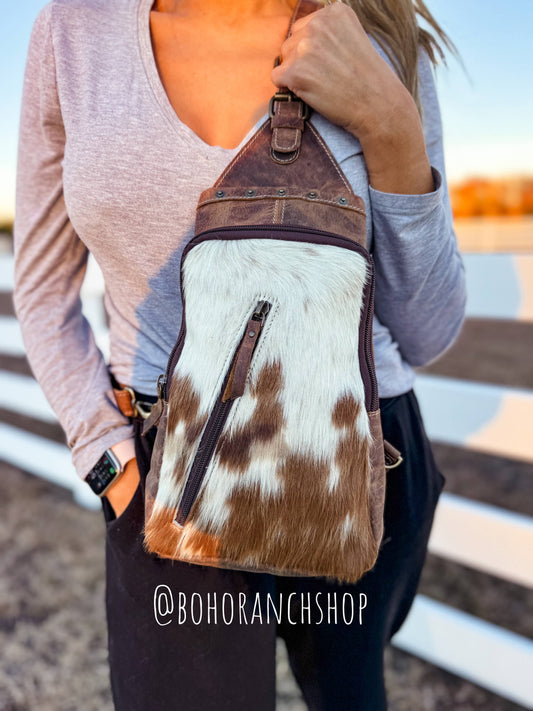 Western Cowhide Leather Sling Bag - travel bag chest bag