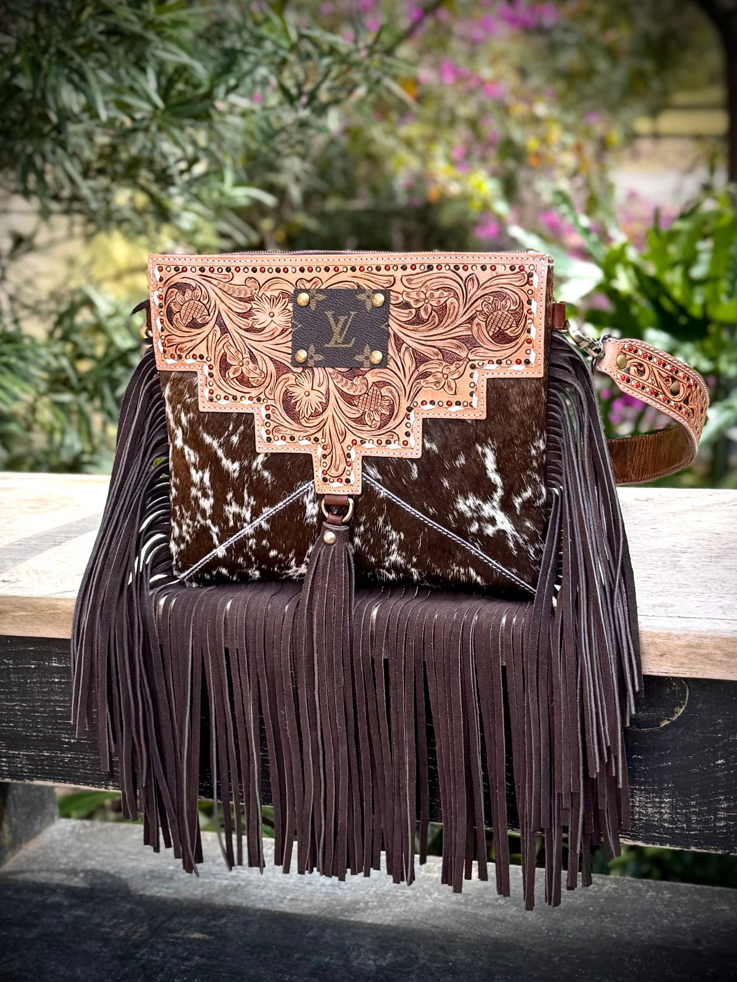 Upcycled LV Cowhide Tooled Leather Fringe Crossbody Bag 