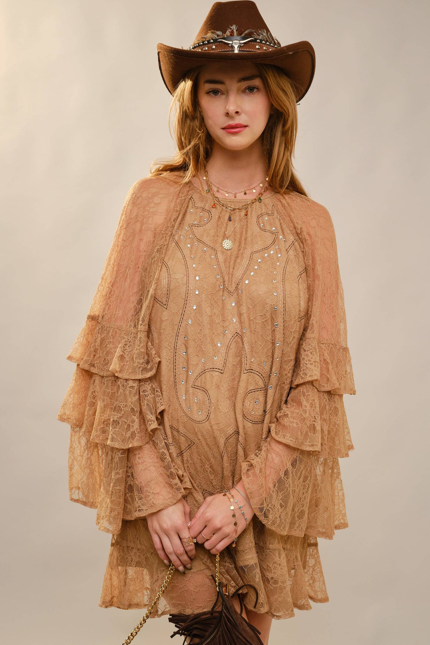 Round Neck Western Embroidery Ruffle Sleeve Dress